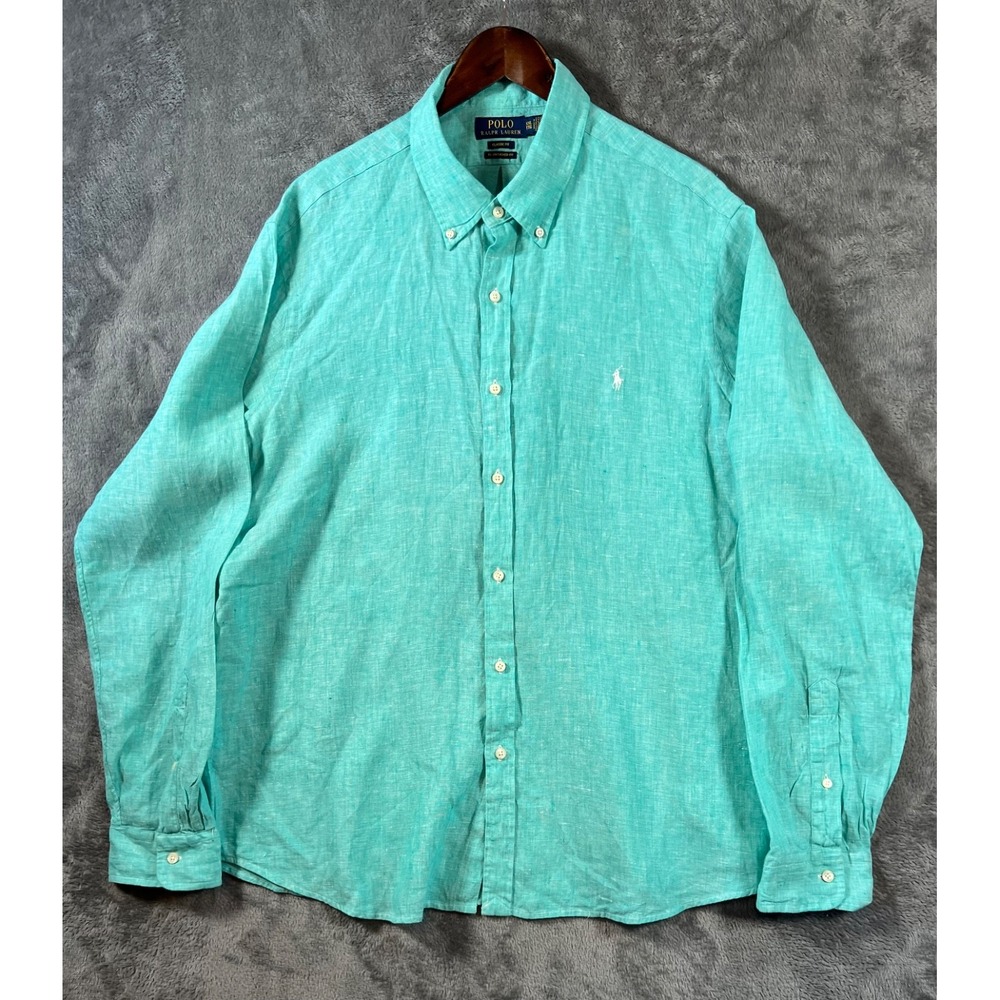 Polo Ralph Lauren Shirt Mens 2XL Green 100% Linen Classic Untucked Fit LS